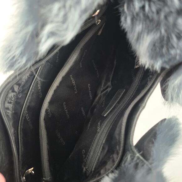 Galaday Removeable‎ Fur Detail Crinkle Leather Handbag Shoulder Purse Tote Black - Picture 9 of 16